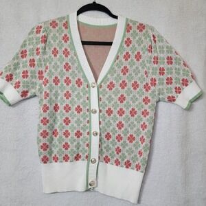 St Patricks Vtg V-neck Printed Fairycore Cardigan‎ Green XS Clover Leaf Print
